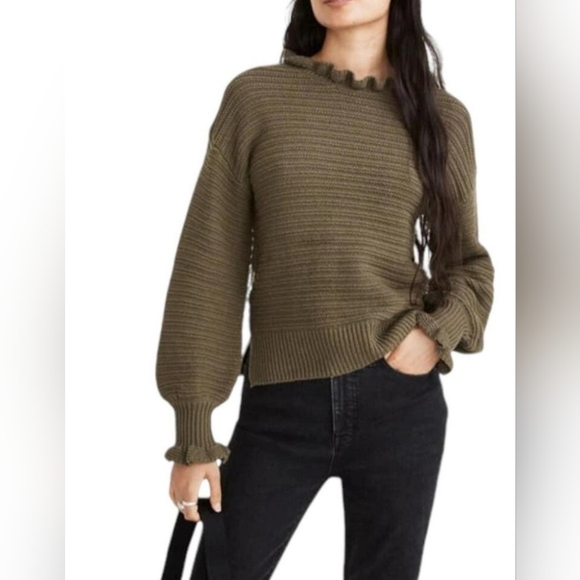 Madewell Sweaters - Madewell Olive Green Ruffle Mock Neck Sweater Ribbed Knit Lettuce Trim Pullover